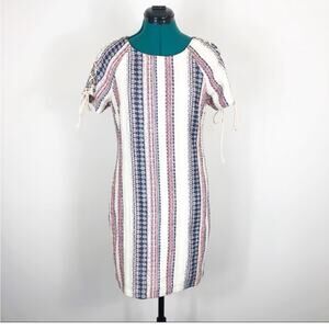 Ethereal by paper crane tan striped mini dress with lace up shoulders